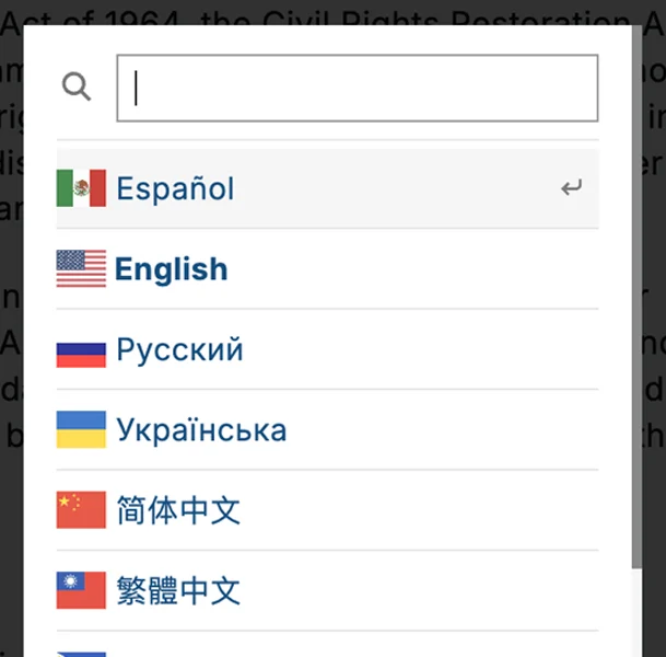 Screenshot showing expanded language selector